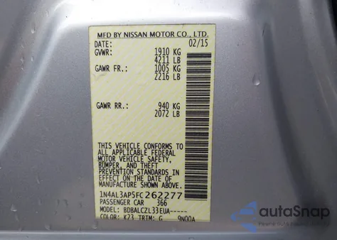 2015 Nissan Altima 2.5/2.5 S/2.5 Sl/2.5 Sv из США, поврежденный, VIN 1N4AL3AP5FC262277